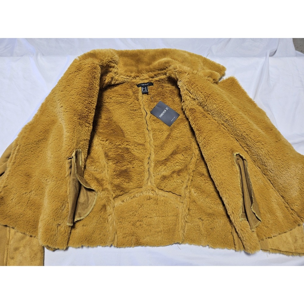 Womans Forever 21 Moto Jacket Size M Medium Yellow Mustard Sherpa Lined - Picture 3 of 9